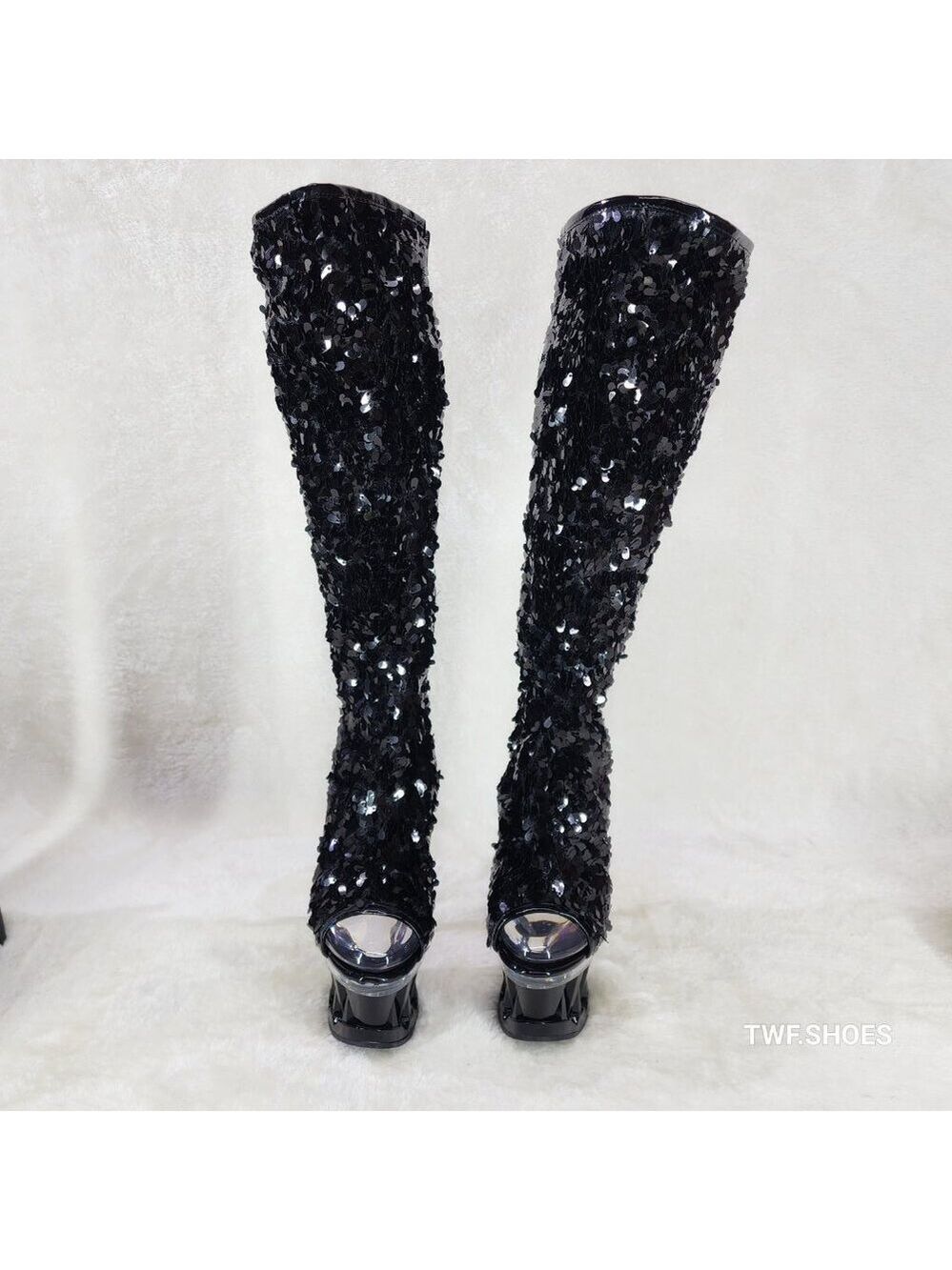 Pleaser Spiky Black Sequin Knee Boots Spiked Design Platform - Picture 7 of 12